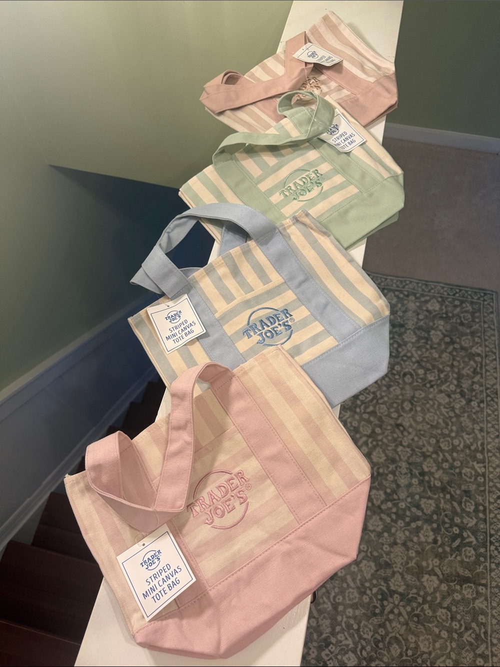 Set of 4 Trader Joe’s Pastel Striped Mini Tote Bag - Pink, Blue, Green and Tan